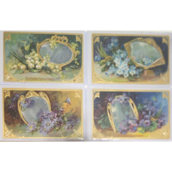 Lot Of Four Vintage Antique Embossed Postcards Flowers Birthday Mirrors - Picture 1 of 9